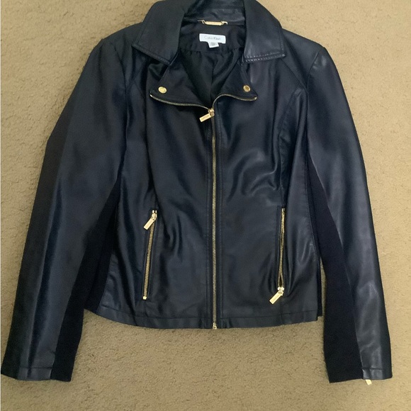 Calvin Klein Navy Leather Jacket with Gold Accents - Picture 1 of 8
